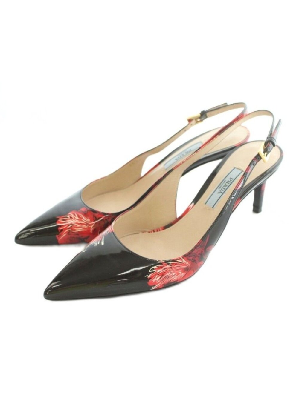 Prada Flower Design Slingback Pumps Pointed Toe Patent Black Red Heel